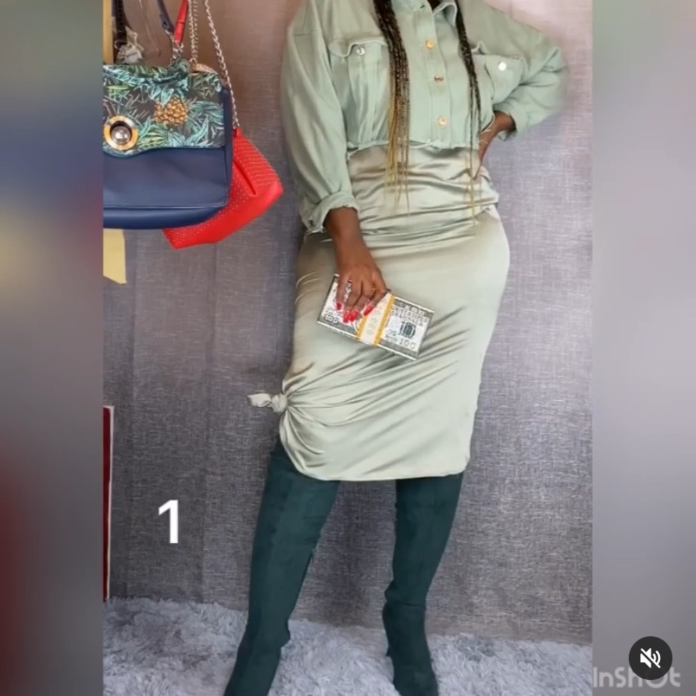 Green Satin Midi Skirt